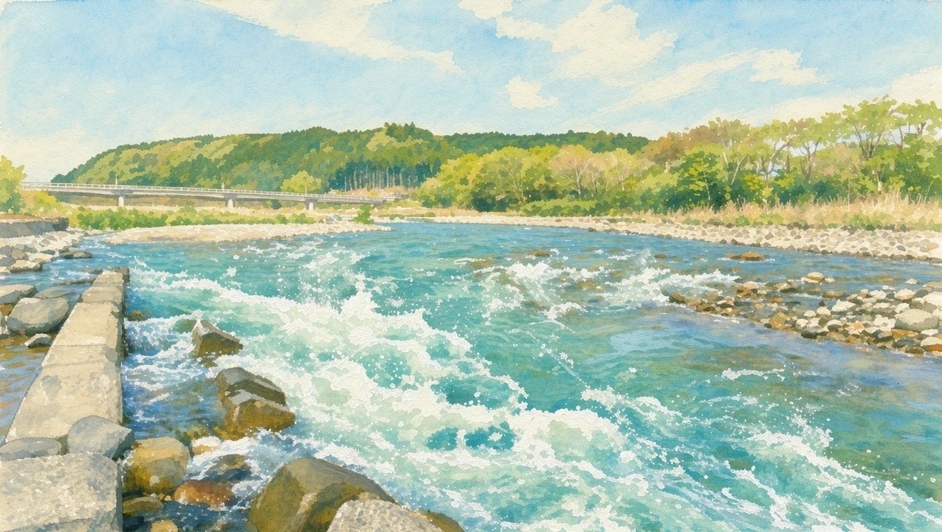 岩のあいだを白く流れる川と、奥にかかる橋と緑の丘