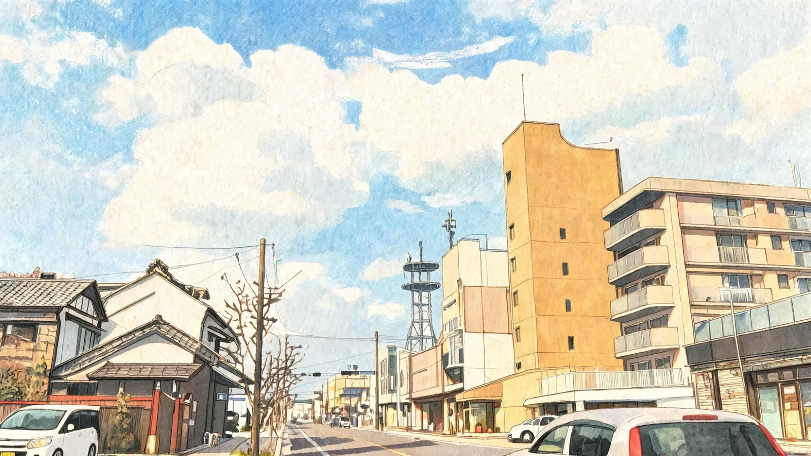 青空の下、古い家並みとビルが並ぶ大田原の通り